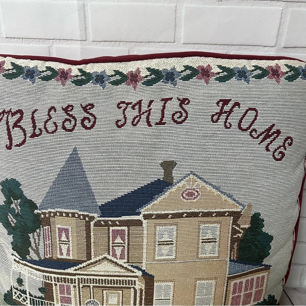 Cottage Core Tapestry Bless This Home Accent Throw Pillow Victorian House VTG